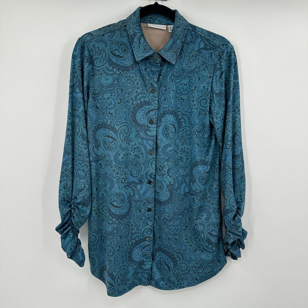 Susan Graver Blue Paisley Button Down Collared Long Sleeve Ruched Cuff Shirt XS